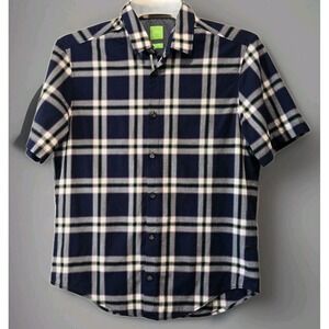 BOSS Green Mens Size M‎ Short Sleeve Plaid Button-Up Shirt Navy #oldmoneylook